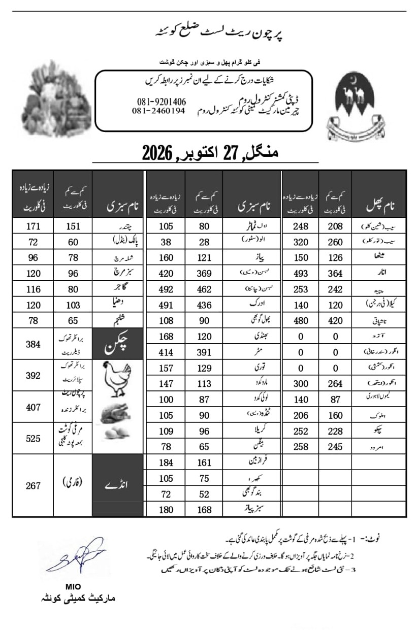 کوئٹہ پرچون ریٹ لسٹ — منگل، 27 اکتوبر 2026